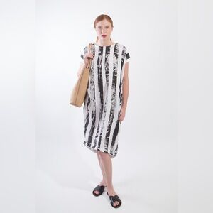 Rare Black Crane Striped Linen Pleated Back Cocoon Dress Sz M